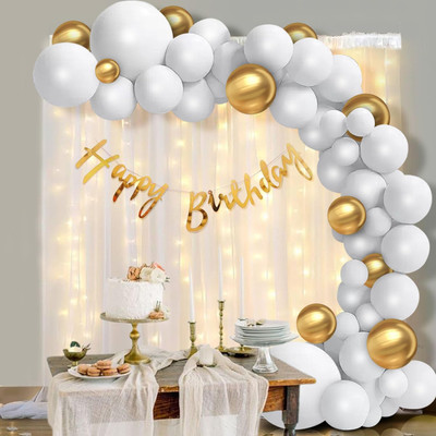 Zebra finch Golden and white Birthday Decoration Kit with Net Curtain and light(Set of 35)