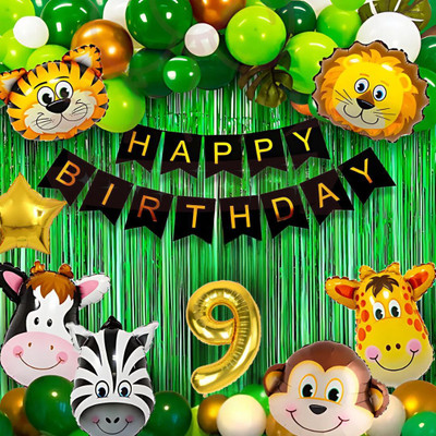 DECOR SPARKS 53Pcs 9Years Jungle Theme Birthday Decoration Set with Animal Balloons(Set of 1)