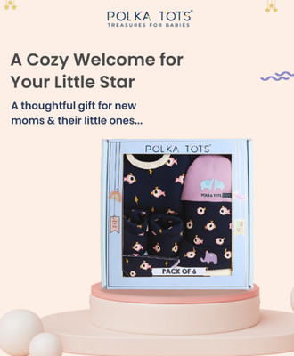 POLKA TOTS Premium 6-Piece New-Born Baby Gift Set – Cotton | Unisex | Gift-Ready-Black(Set of 6)