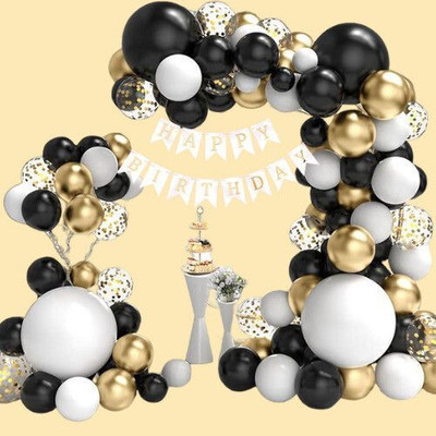 DECOR SPARKS 59pcs Happy Birthday Decor Banner with Golden Confetti & White, Black Balloons