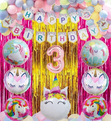 SEENU No 3 Rose Gold Balloons with Unicorn Party Theme Birthday Decoration Items