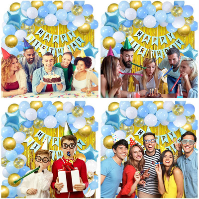 PARTY MIDLINKERZ Light Blue With Golden Happy Birthday Decoration Items Kit Combo Set -63pcs(Set of 63)