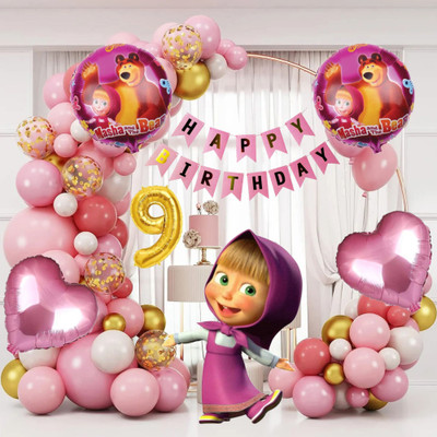 Aoes Masha and Bear 9th Birthday Decoration Kit for Girls Pink Theme Balloon & Banner