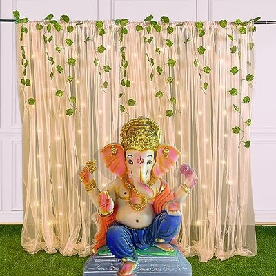 Fun and Flex Ganesh Chaturthi Pooja Decoration Items with Pink Net Curtain and Led Light(Set of 10)
