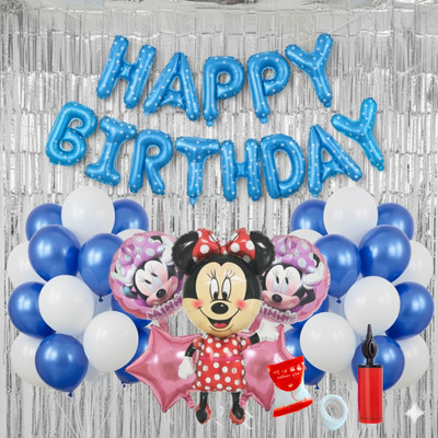 shanviadorn Minnie Mouse Blue theme Birthday Decoration items for Girls with Balloon Pump(Set of 50)