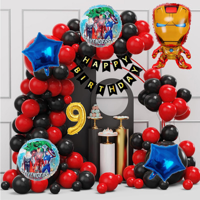 Aoes Iron-Man 9th Birthday Decoration Kit | Red Black Theme Balloon Garland For Kids(Set of 59)