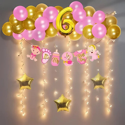 DECOR SPARKS 36pcs Half Birthday Decoration Combo | Pink, White & Golden Balloons