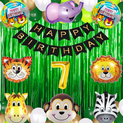 SEENU No 7 Gold Balloons with Jungle Theme Birthday Decoration Kit Items Set for Kids(Set of 64)