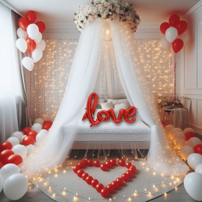Hemito Balloon Love Foil White BackDrop Curtain for girls| Tent Romantic Decoration Set(Set of 37)