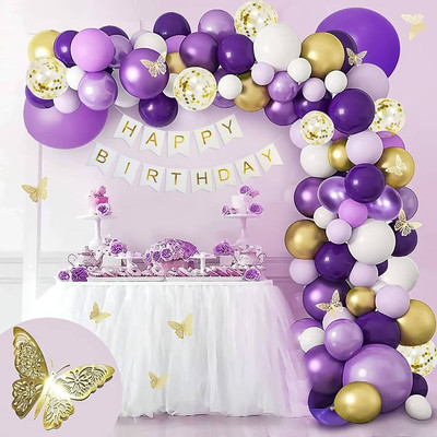 groovy dudz Purple White Gold Confetti happy birthday Butterfly theme Decorations Item Combo(Set of 73)