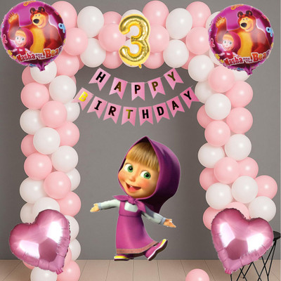 Aoes Masha & Bear 3rd Birthday Decoration Kit for Girls Pink & White Balloon, Banner(Set of 39)