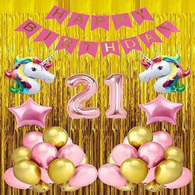 LitTOLS No 21 Rose Gold Balloon with Unicorn Theme Birthday Decoration Kit Item for Girl