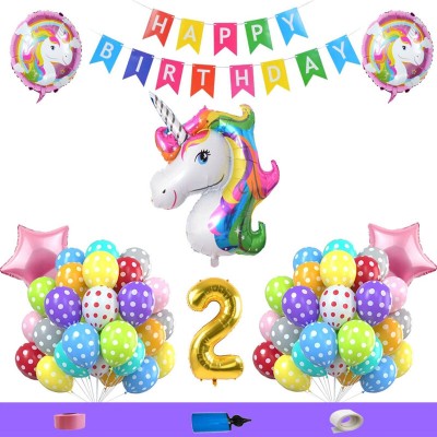 Party Parindey 2nd second happy birthday unicorn theme decorations kit items for boys girls set(Set of 80)
