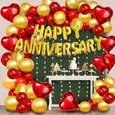 PRIMERISE Red And Golden Happy Anniversary Decorations for Home Kit - 73Pcs(Set of 73)