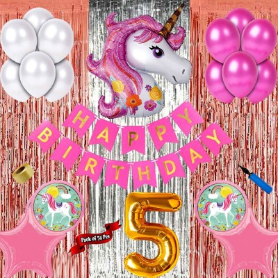 Funny Fox 5th fifth happy birthday unicorn theme decorations kit materials for girls kids(Set of 79)