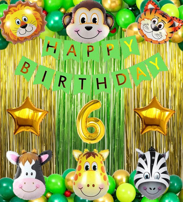 Prihit No 6 Gold Balloons with Jungle Theme Birthday Decoration Kit Items Set for Kids(Set of 65)