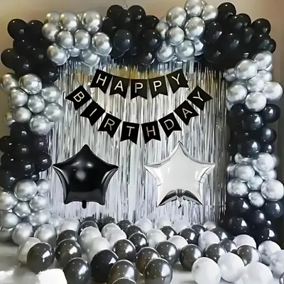 DECOR SPARKS 25pcs Black Silver Birthday Decoration Kit with Banner, Curtains & Balloons