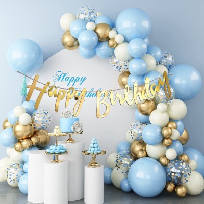R G ACCESSORIES Blue Golden White Balloon, Happy Birthday Banner Decoration Arch Kit Pack Of 100(Set of 98)
