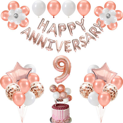 FLICK IN 9th Anniversary Rose Gold Decoration Items Balloon Topper Happy Anniversary Set(Set of 51)