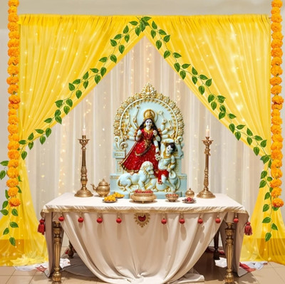 FLIPZONE Puja Decoration Items For Home with LED Lights, Hangings, Backdrop Cloth