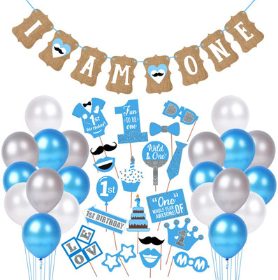 ZYOZIQUE 1st Birthday Girls Combo-Banner,Photo Booth Props & Balloons 45 Pcs