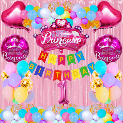 Crazykart 1st First One Happy Birthday Princess Crown Combo Kit For Party Decoration Item(Set of 39)