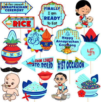 ZYOZI 16 Pcs Rice Ceremony Photo Booth Props/Annaprashan Decoration Items(Blue)