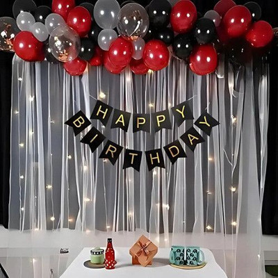 KHUSHDIN 35pcs Happy Birthday Decor Banner with Net Curtain, LED Light & Red, Black