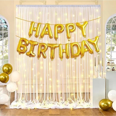 Events Framer EvFr Happy Birthday Foil Balloons with Led Rice Light & Net Curtains (Set of 4)(Set of 4)