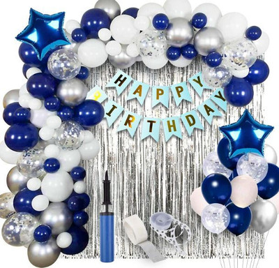 DECOR SPARKS 62Pcs Blue Silver White Birthday Decoration Kit with Pump(Set of 1)