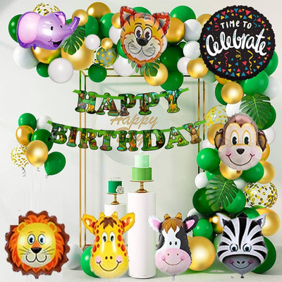Dinipropz Jungle Theme Birthday Decoration Set for Kids – Happy Birthday Banner(Set of 61)