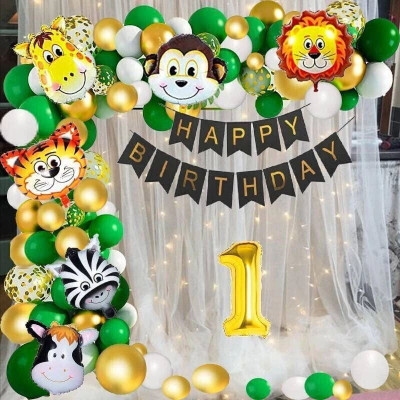 SKYWINS JUNGLE THEME 1st Birthday Party Decoration Kit with White Net curtain Backdrop(Set of 50)