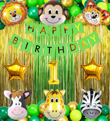 groovy dudz Solid 1st Birthday with Jungle Theme Birthday Decoration Items Balloon(Multicolor, Pack of 65)