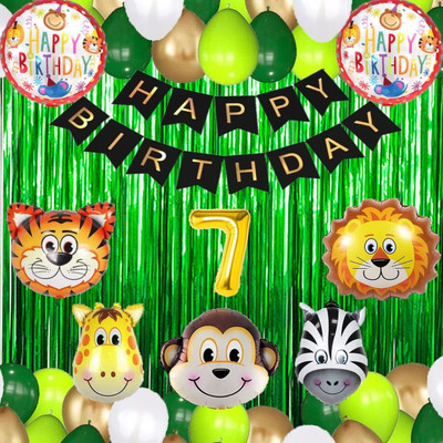 LitTOLS No 7 Gold Balloons with Jungle Theme Birthday Decoration Kit Items Set for Kids