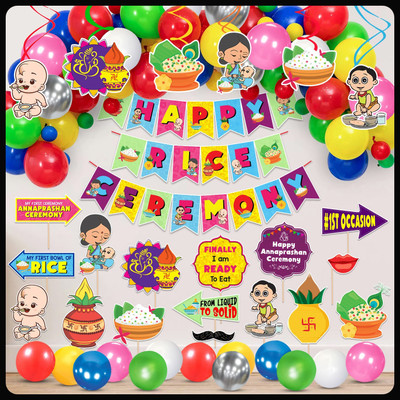 Prihit set-A-Annaprashan Swirls with Happy Ceremony Banner & Balloon,Photo Booth Props(Set of 50)