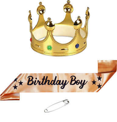 Decofy King Crown with Gold Birthday Boy Sash For All Age group of Boys & Mens(Set of 3)