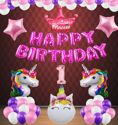Prihit N-Number 1 Rose Gold Balloons with Unicorn Theme Birthday Kit,Items,Set(Set of 50)
