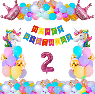 Crazykart Unicorn 2nd Second Happy Birthday Decoration Combo Kit Pack For Party Items(Set of 36)