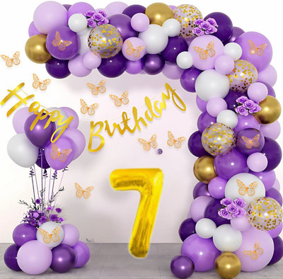 DECOR SPARKS 97pcs 7Year Happy Birthday Decoration Kit Purple Golden Chrome Balloons