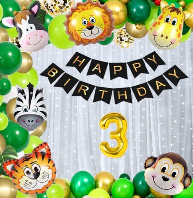Prihit No 3 Gold Balloons with Jungle Theme Birthday Decoration Kit Items Set for Kids(Set of 64)