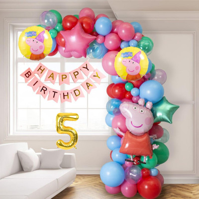 Aoes Peppa Pig Theme 5th Birthday Decoration Balloon Arch & Banner Combo For Kids(Set of 69)