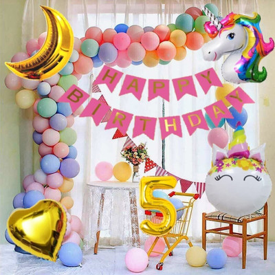 Prihit No 5 Gold Balloons with Unicorn Theme Birthday Decoration Items or Kit Pink Set(Set of 58)