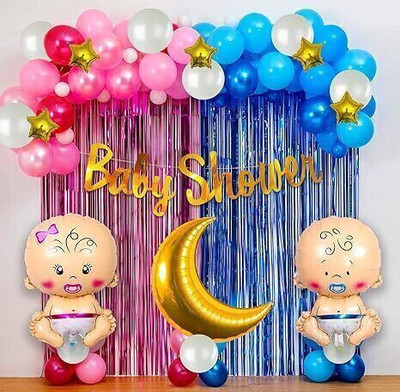 SKYWINS Solid Baby Shower Decorations Item Combo Set-61Pcs Baby Shower letter foil banner Balloon(Blue, Pink, White, Pack of 61)
