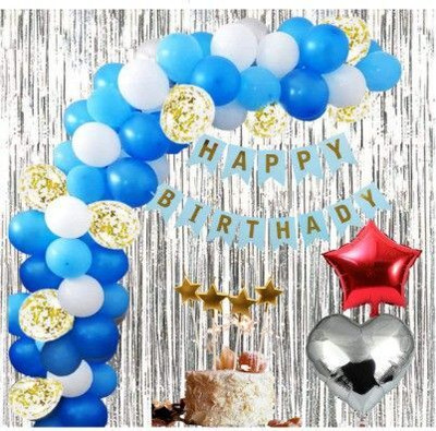 Bloomsevent Blue Theme Happy Birthday Decoration Kit Combo Banner, Curtain & Balloons(Set of 65)