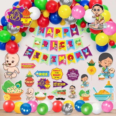 ZYOZI Annaprashan Cardstock with Happy Rice Ceremony Banner & Balloon,Photo Booth Prop(Set of 65)