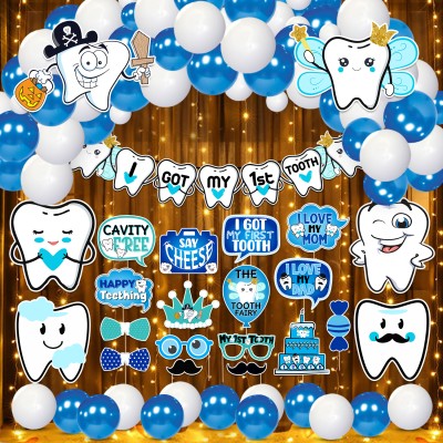 ZYOZI First Tooth Decoration Items- Banner,Cardstock,Balloons, Rice Light (Pack Of 66)(Set of 66)