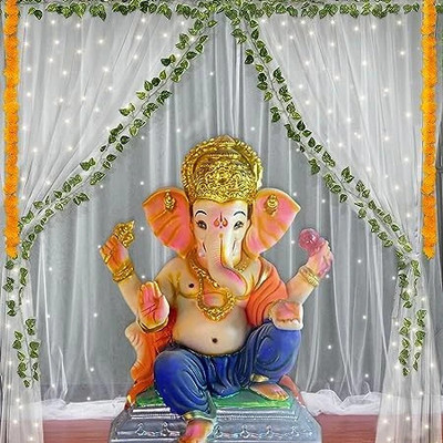 ARV Ganpati Pooja Decoration items Backdrop with White Net Curtain and Led Light(Set of 10)