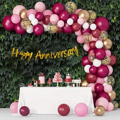 ZYRIC Solid Happy Anniversary Decoration with chrome gold and burgundy Balloon(White, Pink, Pack of 63)
