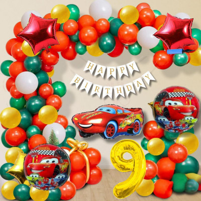 DECOR SPARKS 75pcs Cars Theme 9Year Birthday Balloons & Banner Red Green Yellow(Set of 1)