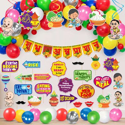 ZYOZI Annaprashan Swirls with Annaprashan Bunting Banner and Balloon,Photo Booth Props(Set of 50)